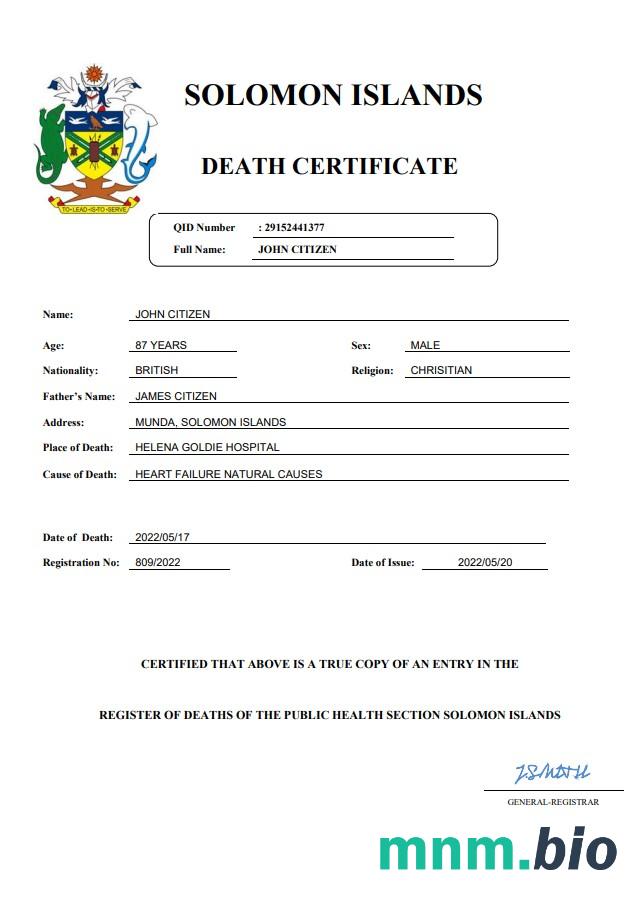 Solomon Islands rekord życiowy śmierć certyfikat Word i PDF szablon